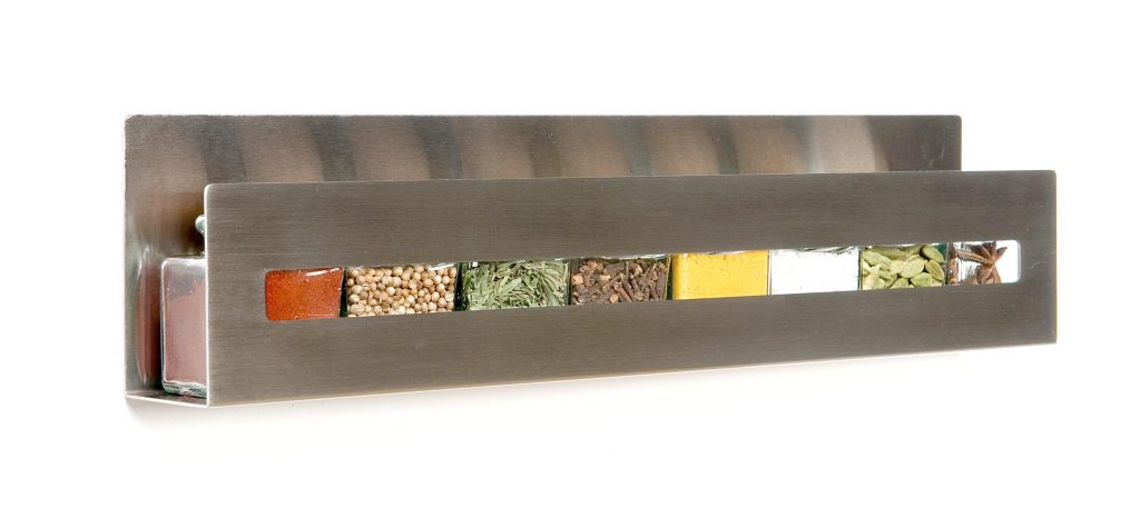 "Aperture" a minimalist stainless steel spice shelf by Desu Design